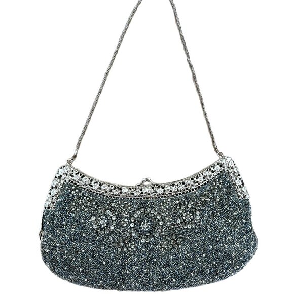 BADGLEY MISHCKA Vintage Grey Silver Embellished Evening Bag Purse Bridal Wedding - Picture 1 of 4